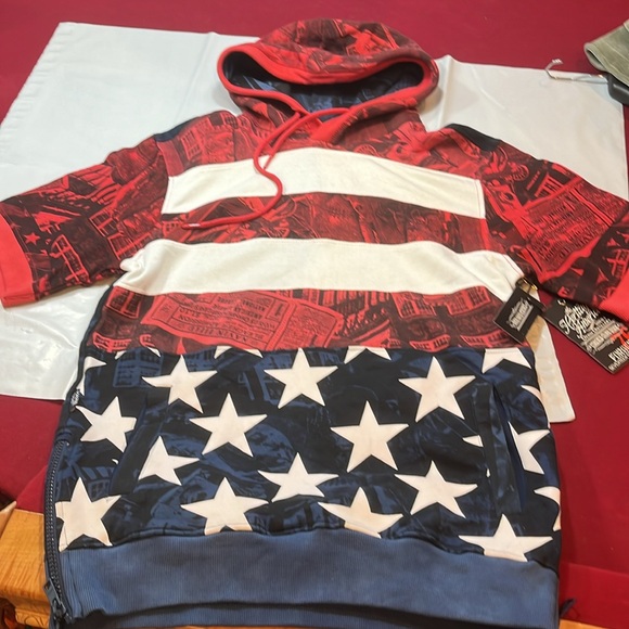 USA flag HOODIE new Denim Distillery American Short Sleeves Red White Blue MENS - Picture 3 of 15